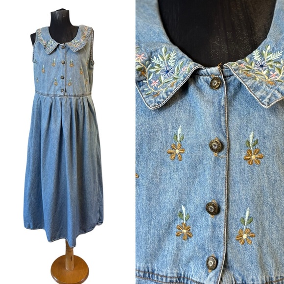 Vintage Dresses & Skirts - Vintage Jane Ashley Blue Denim Jumper  Sundress with Peter Pan Collar